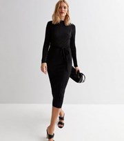 New Look Black Plisse Long Sleeve Belted Midi Dress